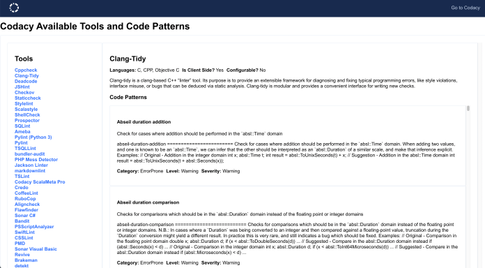 Codacy tools and code patterns list