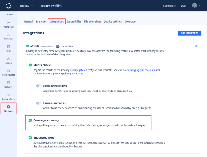 Coverage GitHub integration