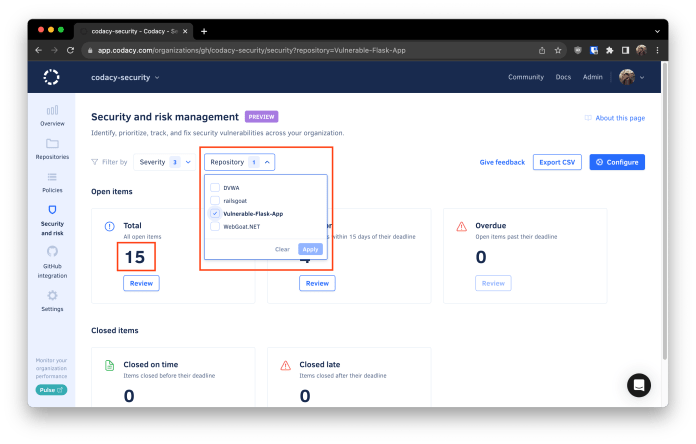 codacy security issues per repository