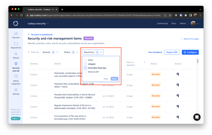 codacy repository selection