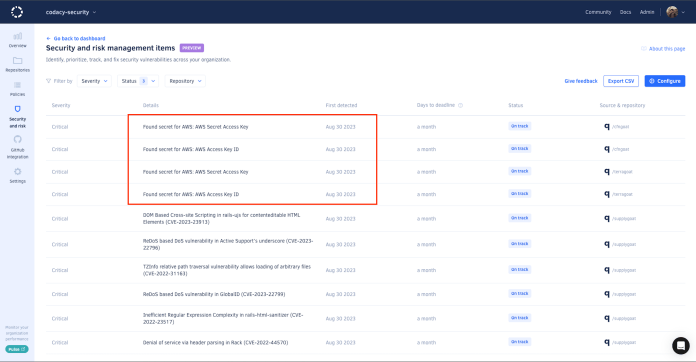 secret detection in security and risk management dashboard