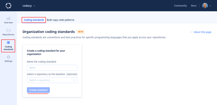 Create a coding standard at Codacy