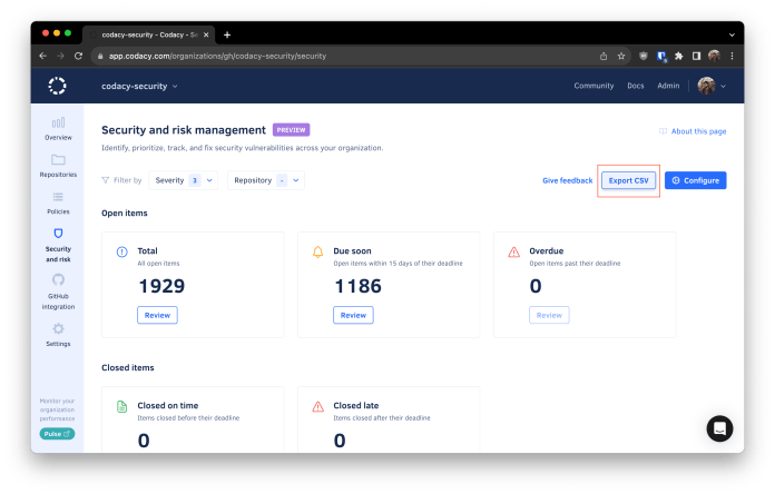 codacy security issues CSV export