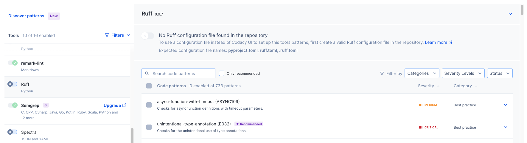 ruff python linter in codacy