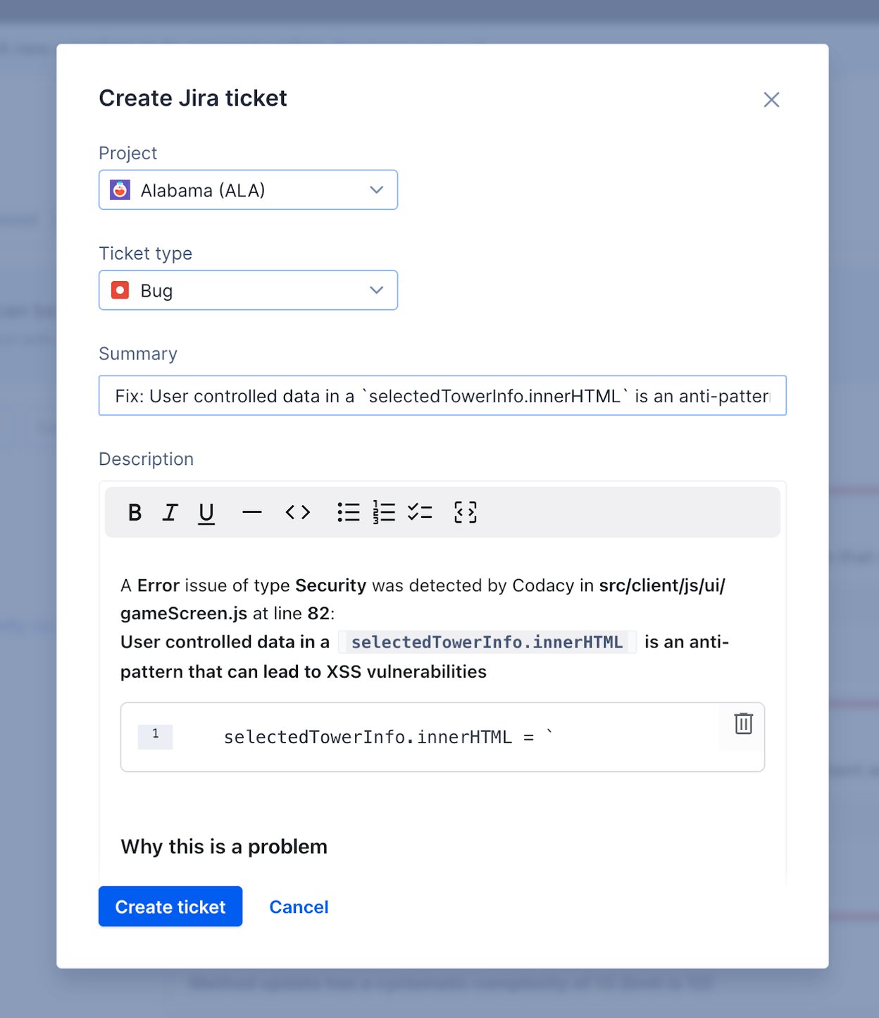 Create Jira Tickets for Issues in Codacy